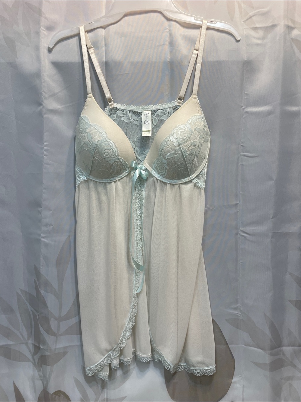 Jessica Simpson White & Light Blue Lace-Trim Babydoll Chemise